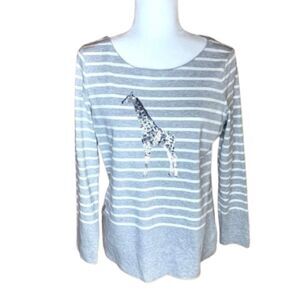 Talbots gray/ white stripe top with sequin giraffe